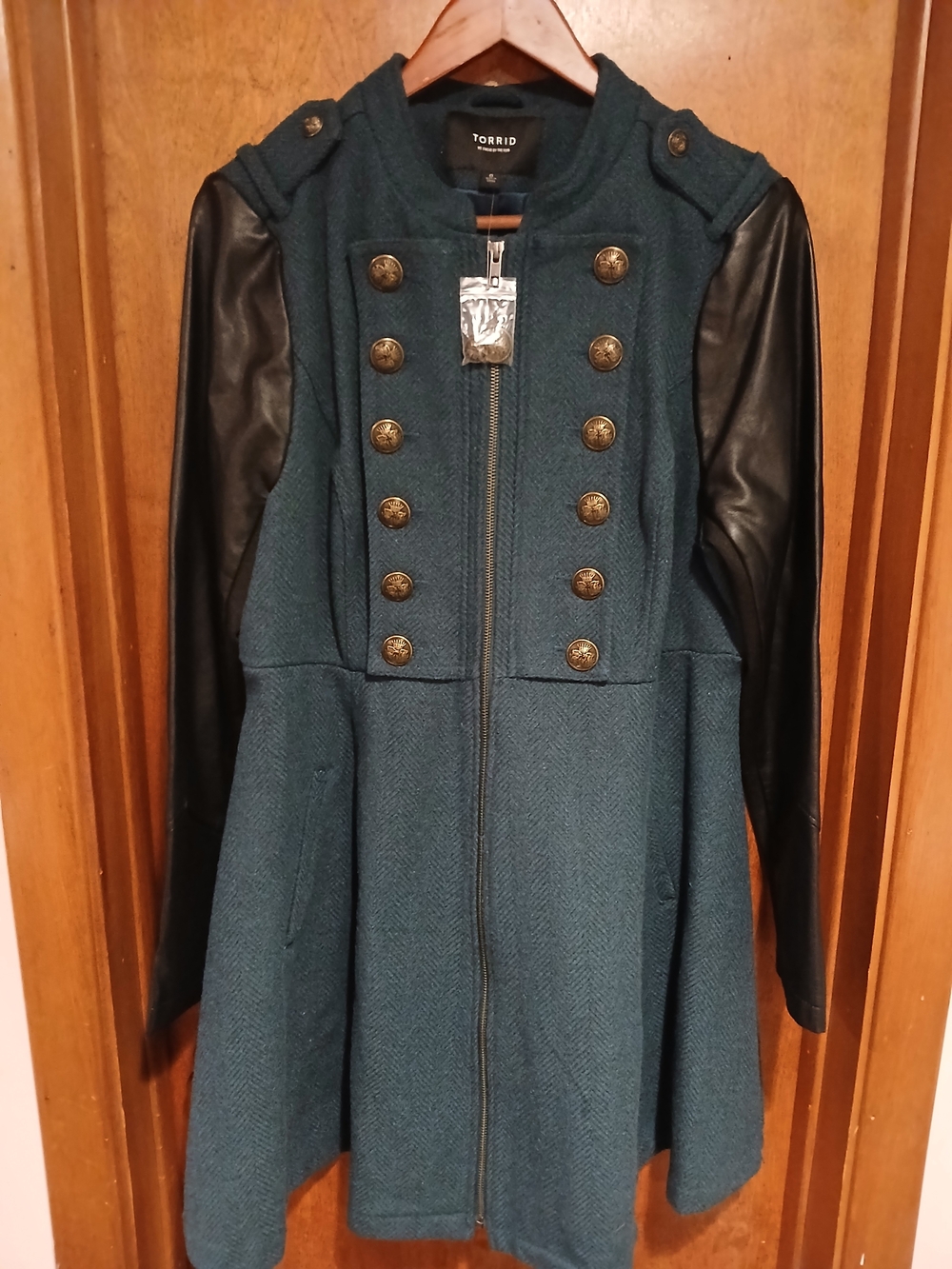 Torrid Teal Military-Style Coat with Faux Leather Sleeves
